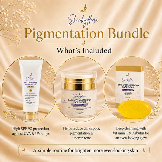 Skin by Flora Facial Pigmentation Bundle contents: SPF 90 sunscreen, face cream and free face soap