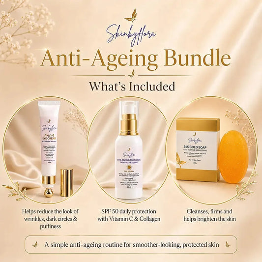 Skin by Flora Anti-Ageing Bundle what's included flyer with upright 24K Gold Soap box and bar