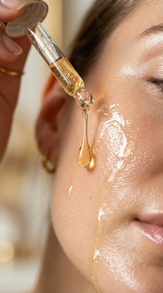 Botox Collagen facial oil applied to mature-looking skin with a dropper