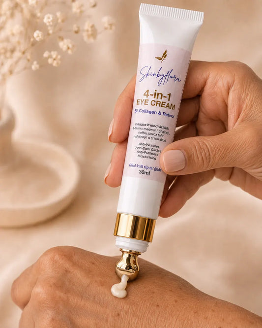 Skin by Flora 4-in-1 Eye Cream shown with a mature Mediterranean hand
