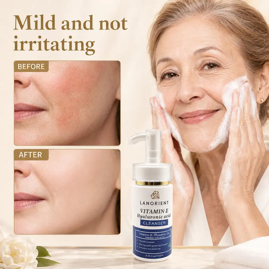 Mature woman using facial cleanser with before and after skin appearance