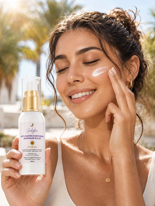 Woman applying Skin by Flora Anti-Ageing Sunscreen SPF 50 Max without colour