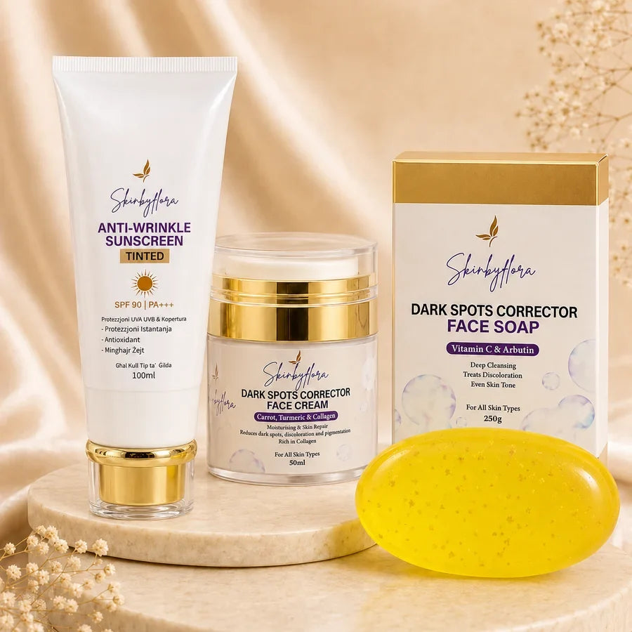 Skin by Flora Facial Pigmentation Bundle with SPF 90 sunscreen, dark spots corrector face cream and free face soap