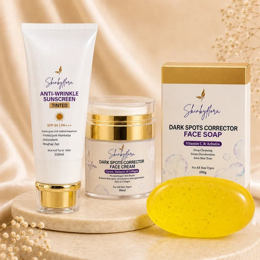 Skin by Flora Facial Pigmentation Bundle with SPF 90 sunscreen, dark spots corrector face cream and free face soap
