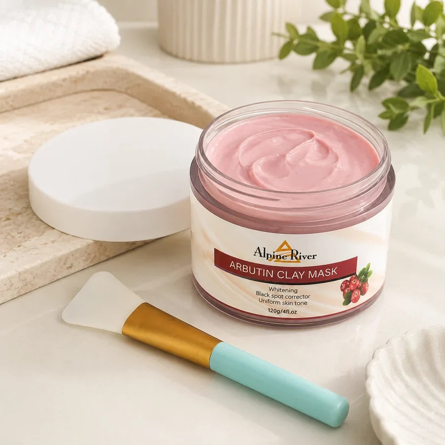 Alpha Arbutin Whitening Clay Mask open with applicator brush