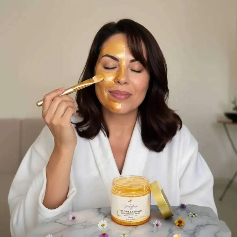 Woman applying Skin by Flora 24K Gold and Collagen Anti-Wrinkle Face Mask