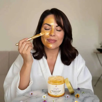 Woman applying Skin by Flora 24K Gold and Collagen Anti-Wrinkle Face Mask
