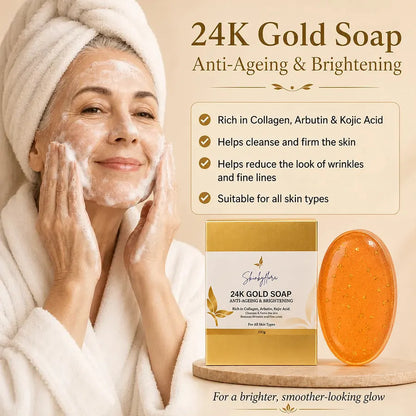 Skin by Flora 24K Gold Soap anti-ageing and brightening benefits flyer with upright box and bar