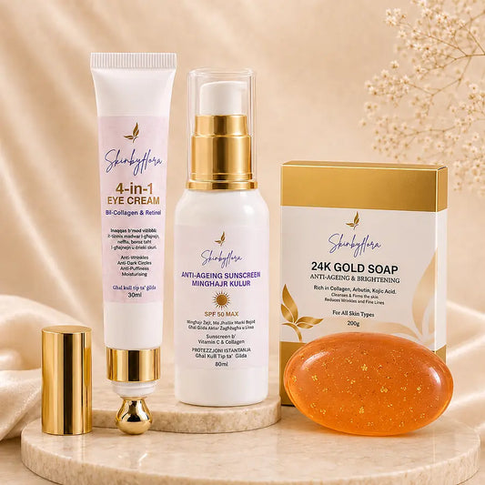 Skin by Flora Anti-Ageing Bundle with 4-in-1 Eye Cream, SPF 50 Sunscreen and 24K Gold Soap