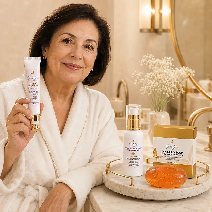 Mature woman with Skin by Flora Anti-Ageing Bundle skincare products