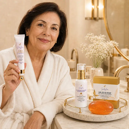 Mature woman with Skin by Flora Anti-Ageing Bundle skincare products