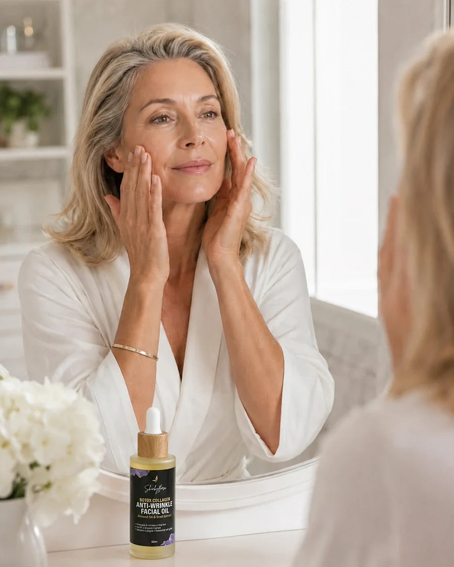 Mature woman applying facial oil with Skin by Flora Botox Collagen Oil on the table