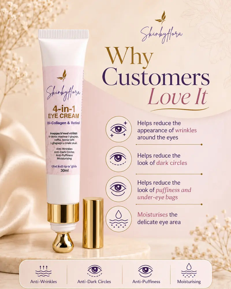 Skin by Flora 4-in-1 Eye Cream benefits for wrinkles dark circles puffiness and moisturising