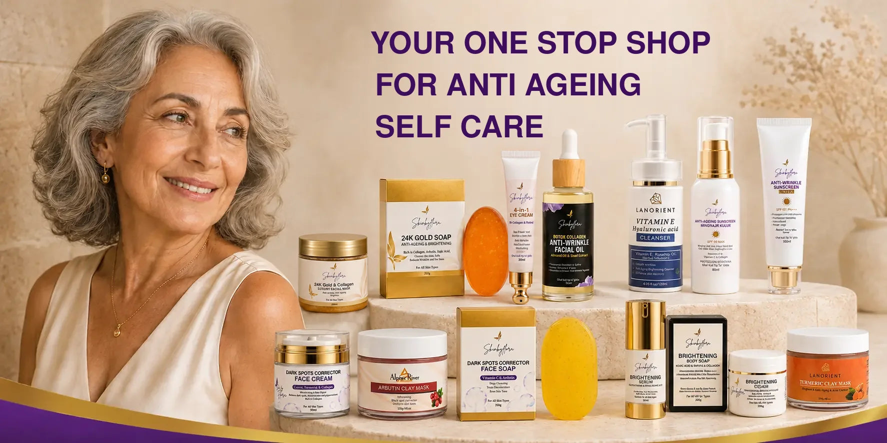 Skin by Flora anti-ageing self-care range with a mature Mediterranean woman