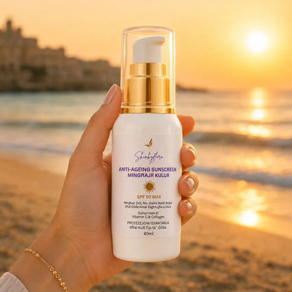 Skin by Flora Anti-Ageing Sunscreen SPF 50 Max without colour held at the beach