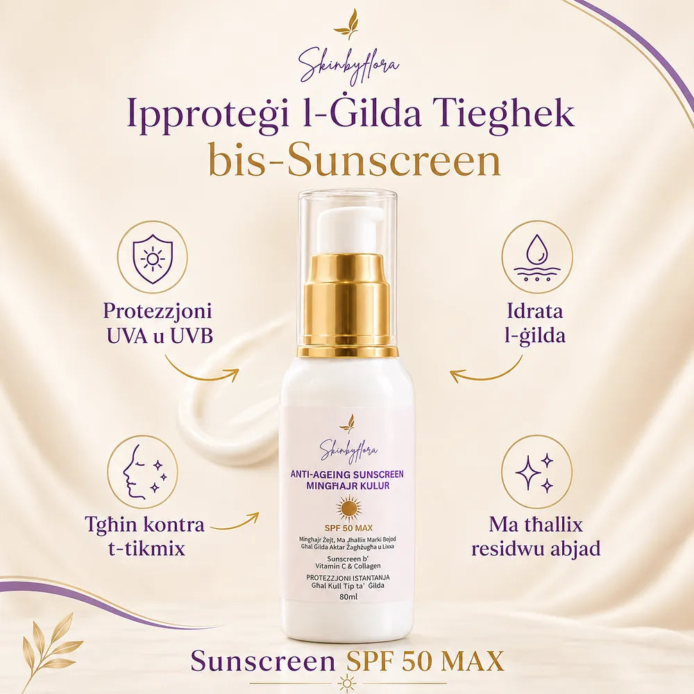 Skin by Flora SPF 50 sunscreen benefits flyer in cream purple and gold