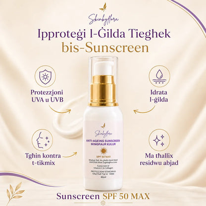Skin by Flora SPF 50 sunscreen benefits flyer in cream purple and gold