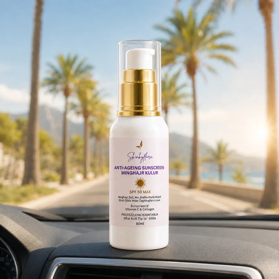 Skin by Flora Anti-Ageing Sunscreen SPF 50 Max without colour in a sunny car lifestyle setting