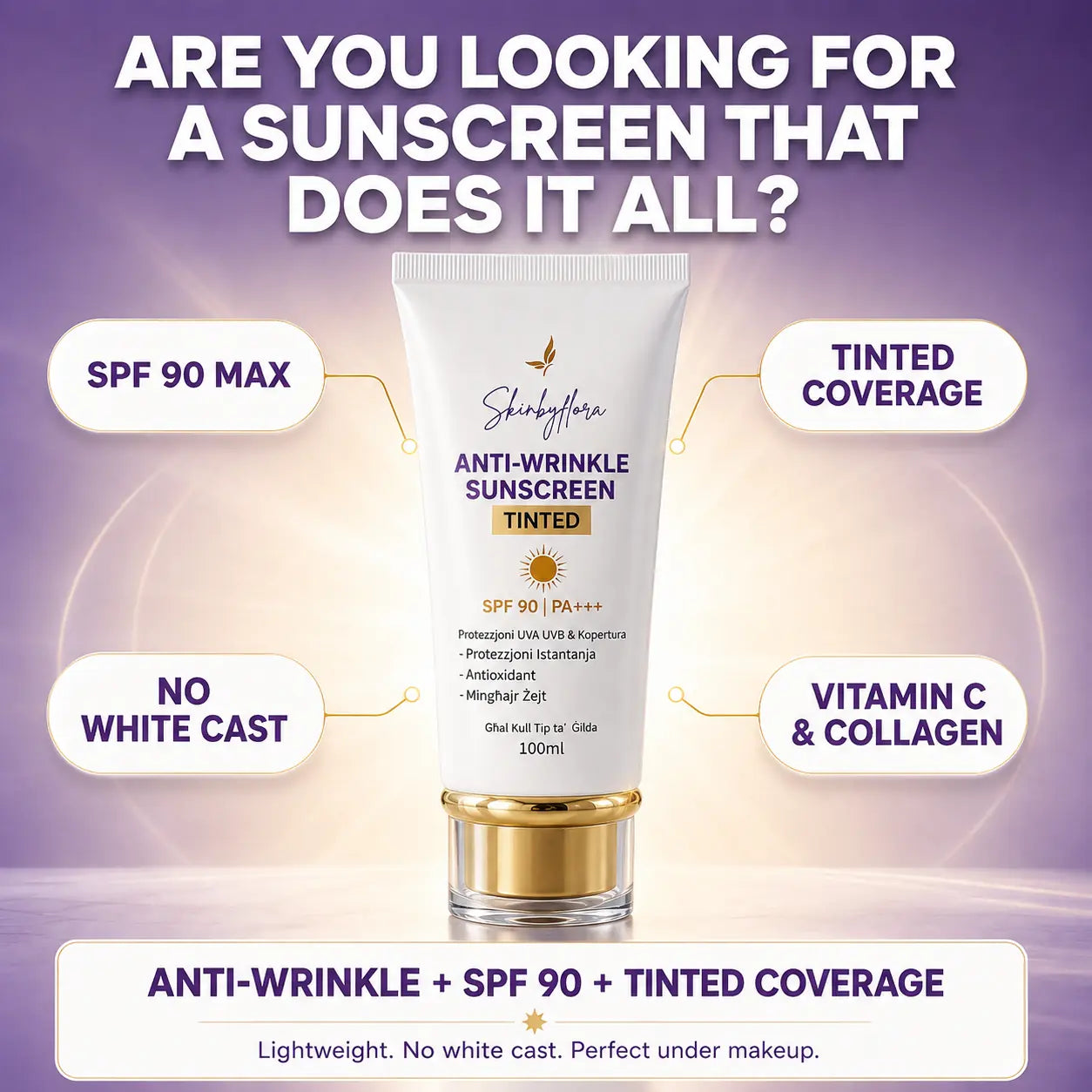 Skin by Flora tinted SPF 90 sunscreen benefits: tinted coverage, no white cast, vitamin C and collagen