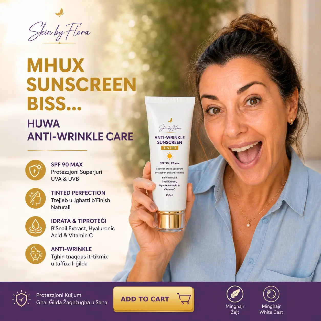 Skin by Flora Anti-Wrinkle Tinted Sunscreen SPF 90 Maltese benefits creative with Add to Cart